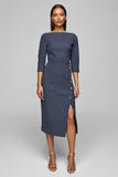 Twilight Pencil Midi Bateau Neck Button Work Dress with Slit