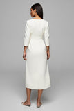Ivory Pencil V-Neck 3/4 Sleeves Maxi Work Dress with Buttons