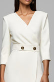 Ivory Pencil V-Neck 3/4 Sleeves Maxi Work Dress with Buttons