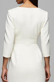 Ivory Pencil V-Neck 3/4 Sleeves Maxi Work Dress with Buttons