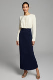Navy and White Pencil Long Ruched Work Dress with Sleeves