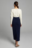 Navy and White Pencil Long Ruched Work Dress with Sleeves