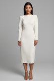 Simple Pencil Ivory Bateau Neck Midi Work Dress with Slit