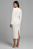 Simple Pencil Ivory Bateau Neck Midi Work Dress with Slit