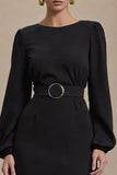 Black Maxi Pencil Long Sleeves Open Back Work Dress with Slit