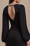 Black Maxi Pencil Long Sleeves Open Back Work Dress with Slit