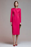 Fuchsia Midi Round Neck Ruched Pencil Work Dress with Sleeves