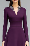 Dark Purple V-Neck A Line Midi Mother of the Bride Dress with Beading