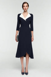 Midi Black and White Patchwork Lapel Neck 3/4 Sleeves Work Dress