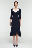 Midi Black and White Patchwork Lapel Neck 3/4 Sleeves Work Dress