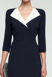 Midi Black and White Patchwork Lapel Neck 3/4 Sleeves Work Dress