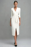 Ivory Midi 3/4 Sleeves Pencil V-Neck Work Dress with Sash