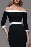 Black and White Patchwork Off the Shoulder Pencil Midi Work Dress with Sleeves