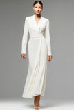 Maxi Ivory Chiffon Ruched Long Sleeves Work Dress