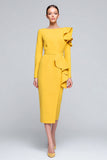 Ruffled Yellow Pencil Bateau Neck Long Work Dress with Sleeves