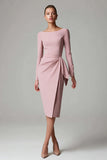 Pencil Pink Satin Boat Neck Midi Work Dress with Sash