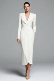 Leely Women Simple Ivory Sheath Satin Work Dress Ruched V-Neck Long Sleeves Business Dress