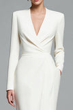 Simple Ivory Sheath Satin V-Neck Long Sleeves Work Dress