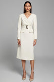 Midi Ivory Pencil V-Neck Long Sleeves Work Dress with Belt
