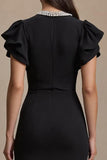 Black Midi Satin Pencil V-Neck Work Dress with Ruffles