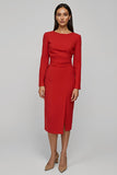 Red Satin Sheath Long Sleeves Boat Neck Midi Work Dress with Slit