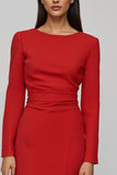 Red Satin Sheath Long Sleeves Boat Neck Midi Work Dress with Slit
