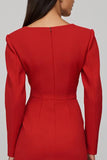 Red Satin Sheath Long Sleeves Boat Neck Midi Work Dress with Slit