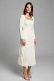 A Line Pleated Ivory Square Neck Long Sleeves Work Dress