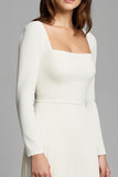 A Line Pleated Ivory Square Neck Long Sleeves Work Dress