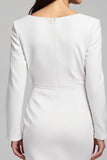 Midi Ivory Satin Sheath Ruched V-Neck Long Sleeves Work Dress with Slit