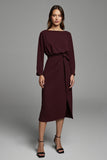Cabernet Sheath Satin Bateau Neck Long Sleeves Midi Work Dress with Slit