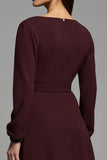 Cabernet Sheath Satin Bateau Neck Long Sleeves Midi Work Dress with Slit