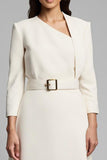 Maxi Ivory A Line Asymmetrical Neck Long Sleeves Work Dress with Belt