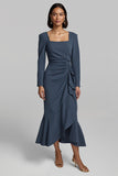 Twilight Sheath Satin Ruched Square Neck Maxi Work Dress with Ruffles