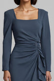 Twilight Sheath Satin Ruched Square Neck Maxi Work Dress with Ruffles