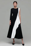 Black and White Patchwork A Line Jewel Neck Work Dress with Sleeves