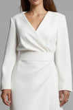 A Line V-Neck Satin Long Sleeves Ivory Work Dress