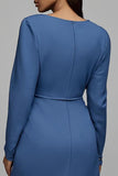 Dusty Blue Satin Sheath V Neck Ruched Midi Work Dress with Sleeves