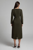 Dark Olive Satin Boat Neck Maxi Work Dress with Sleeves