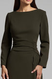 Dark Olive Satin Boat Neck Maxi Work Dress with Sleeves