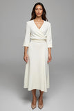 Ivory Satin A Line Ruched V Neck Maxi Work Dress with Sleeves