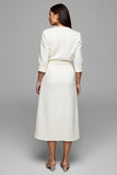 Ivory Satin A Line Ruched V Neck Maxi Work Dress with Sleeves