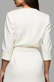Ivory Satin A Line Ruched V Neck Maxi Work Dress with Sleeves