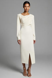 Sheath Ruched Long Sleeves Ivory Work Dress with Slit