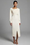 Sheath Ruched Long Sleeves Ivory Work Dress with Slit