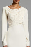 Sheath Ruched Long Sleeves Ivory Work Dress with Slit