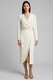 Ivory Midi Sheath Satin Ruched Long Sleeves Work Dress with Slit