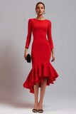Midi Red Satin Mermaid Long Sleeves Work Dress with Ruffles