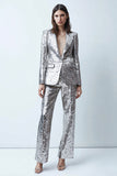 2 Piece Silver Sparkly Sequins Wide Leg Women Prom Party Suits