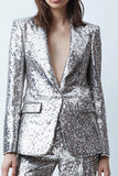 2 Piece Silver Sparkly Sequins Wide Leg Women Prom Party Suits